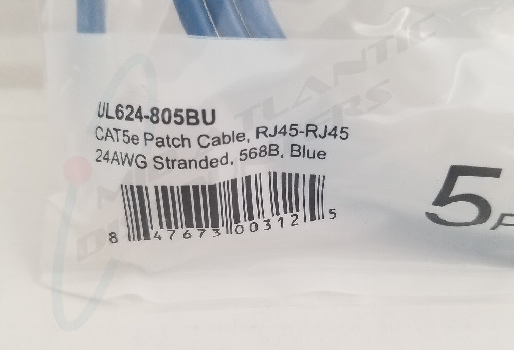 Category 5E Patch Cable 5′ 350MHz UTP Stranded 24AWG 568B Blue ROHS Compliant