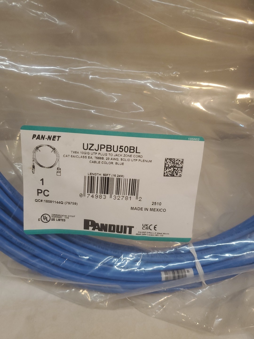 Panduit Cable Assembly UZJPBU50BL Category 6A, UTP, Solid, Plenum, Blue, 50 ft.