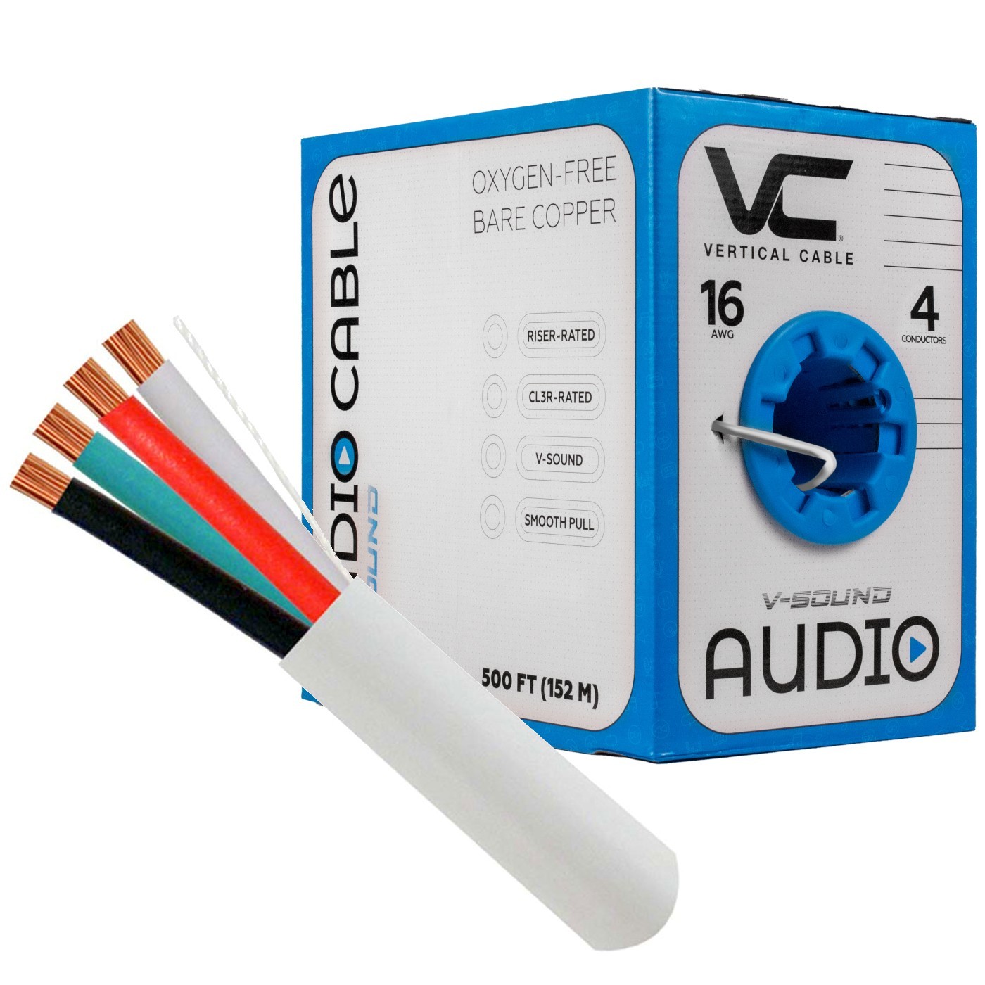 Vertical Cable 16/4 Speaker Wire 500 Feet 65 Strand White PVC Jacket Bare Copper