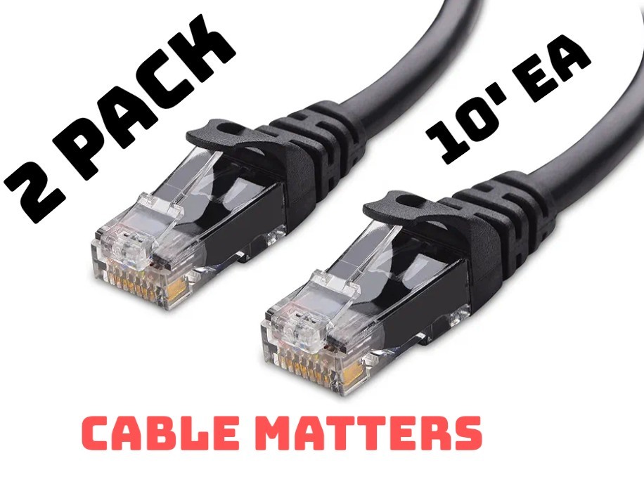 2 PACK Cable Matters Cat6 UTP 24 AWG Ethernet Cable 160001-BLK RJ45 BLACK 10′