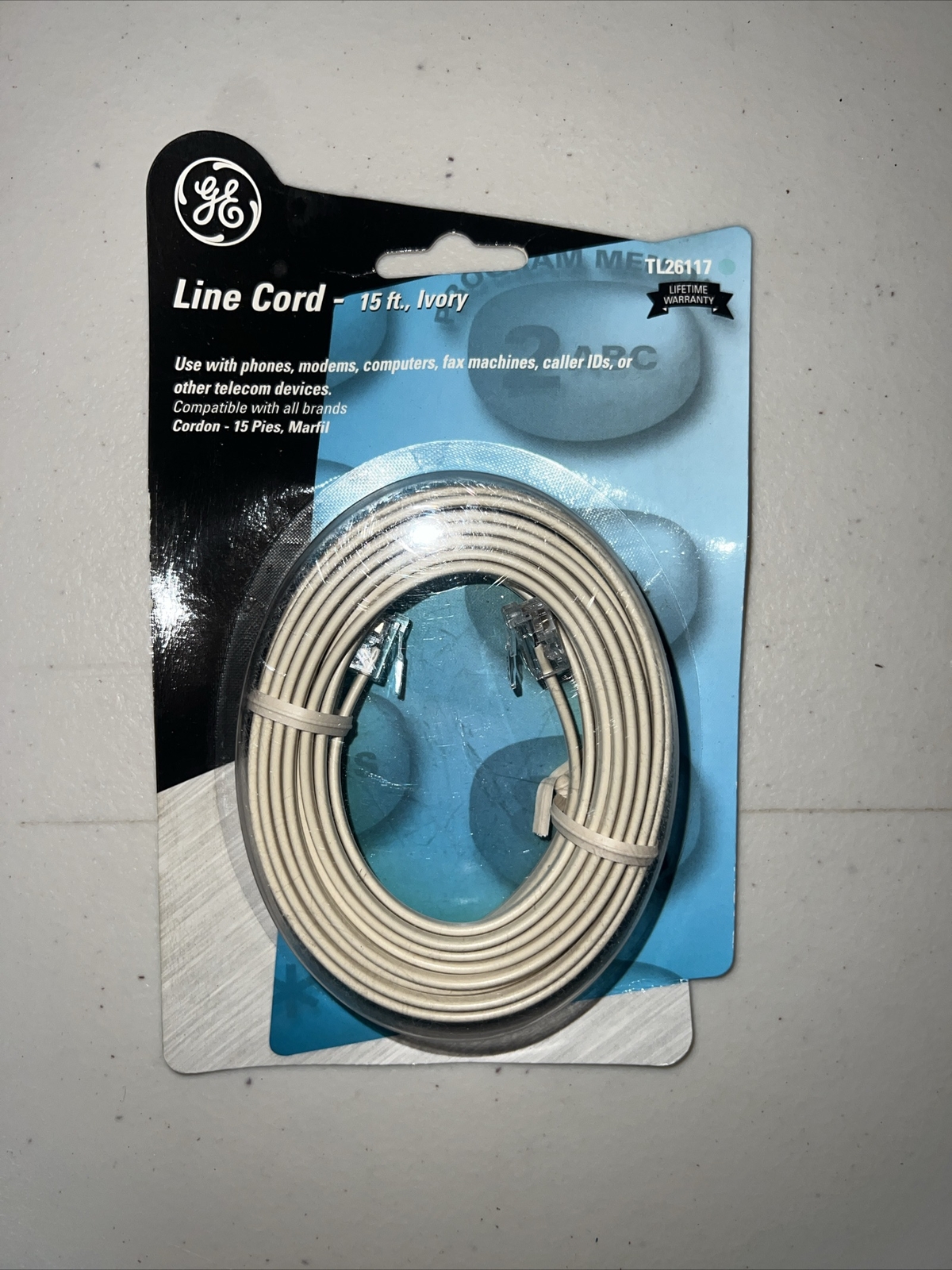 NEW GE TL26117 6P4C Telephone Line Cord – 15 FT, IVORY for 1 or 2 lines/DSL/FAX