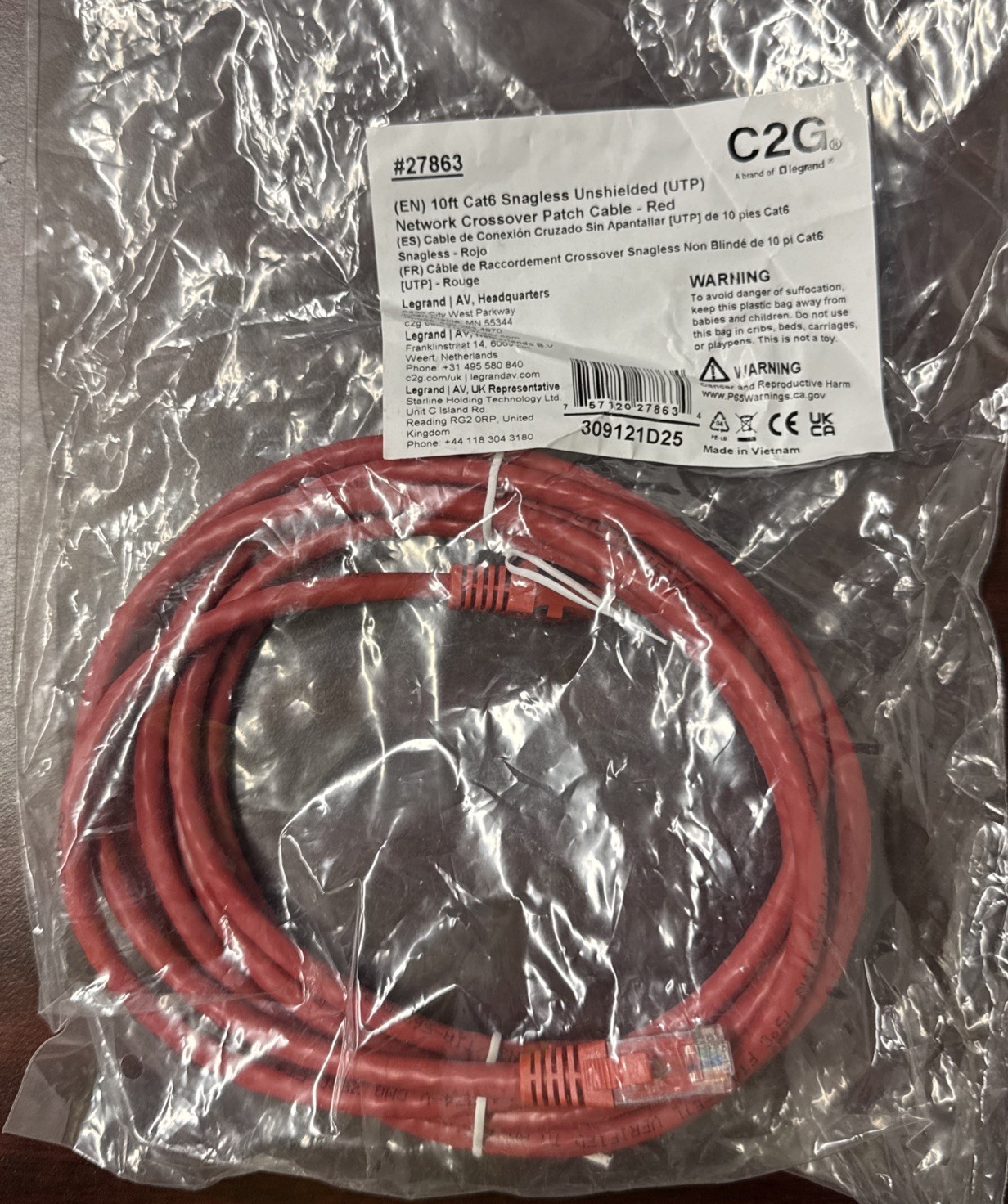 Cables To Go 550 MHz Snagless CAT6 Crossover Cable | 10ft | Red | New