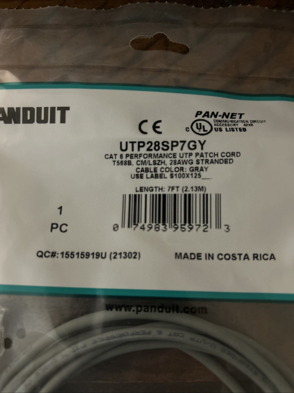 Panduit UTP28SP7GY Cat6 28 AWG Network Patch Cable, 7 Ft Gray Box of 10