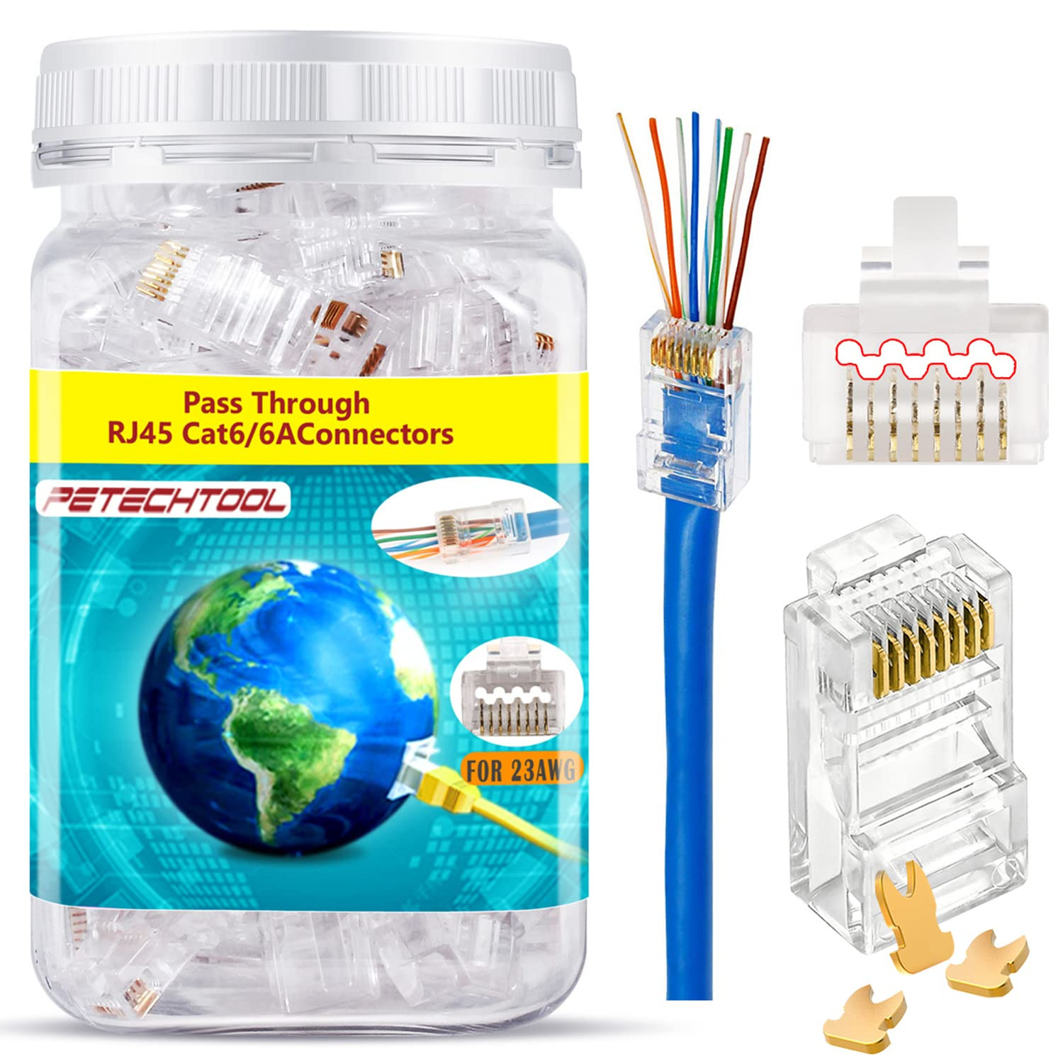 Gold Plated RJ45 Cat6A Pass-Through Ethernet Connectors – 100 Pack
