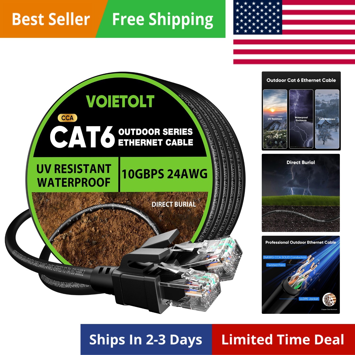Cat 6 Outdoor Ethernet Cable 100 ft, 24AWG 10Gbps Cable Cord Waterproof Direc…