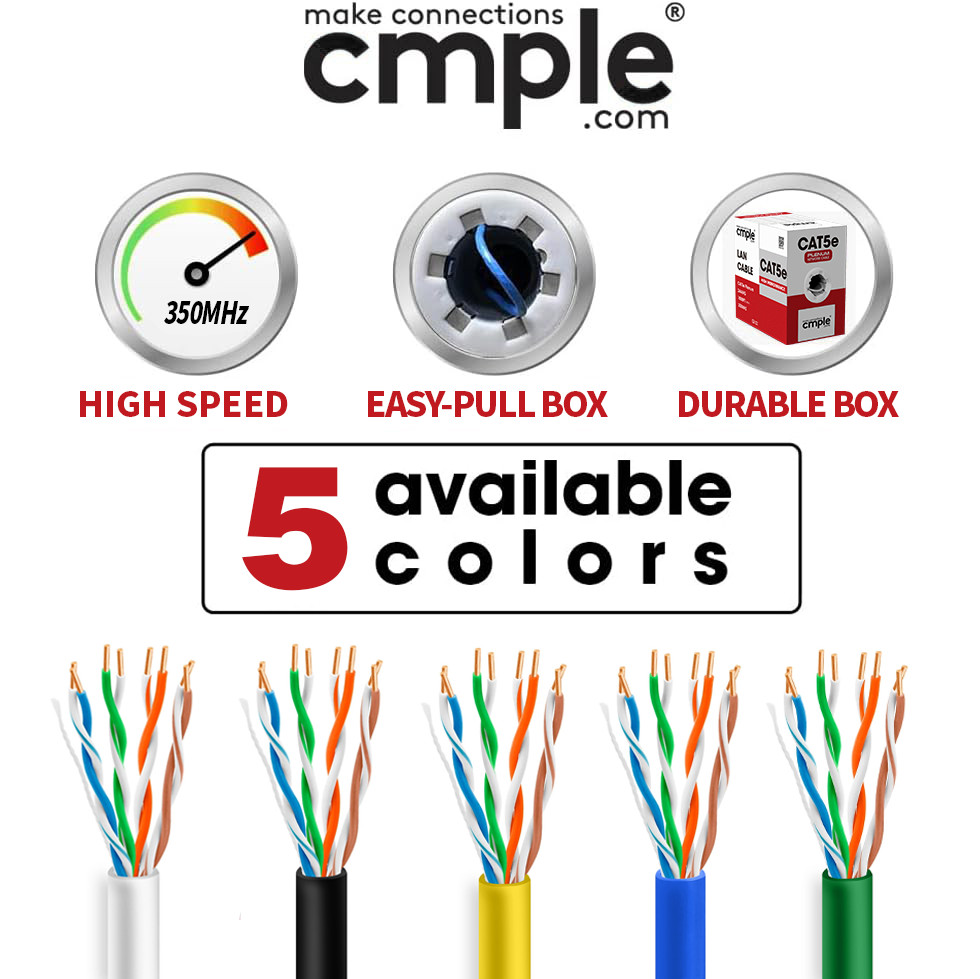 Cat5e Ethernet Cable 1000ft Plenum CMP Solid 24AWG UTP 350MHz Easy Pull Black