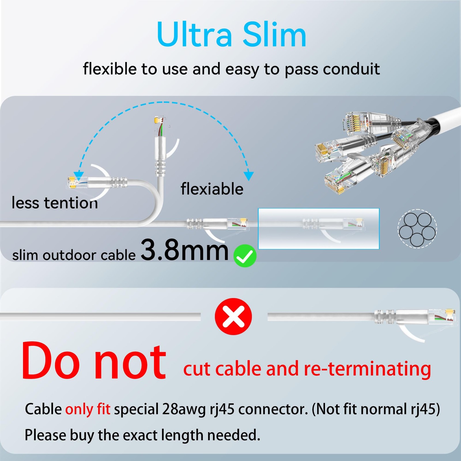 Cat6a Slim Ethernet Cable 50ft Outdoor Indoor 28AWG Pure Copper 10G 550MHz