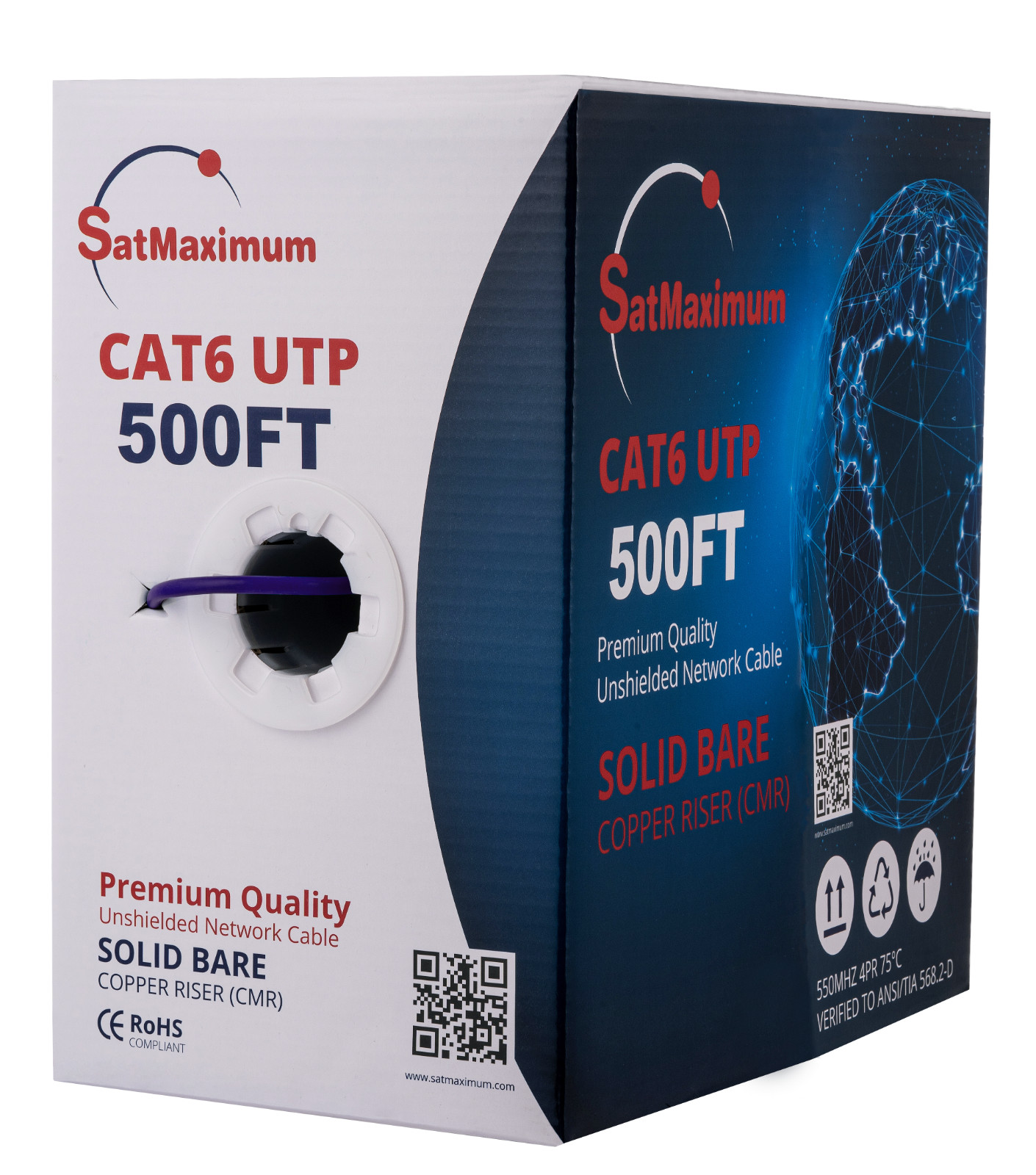 500FT CAT6 Riser Ethernet Cable CMR 23AWG 550MHz Solid Bare Copper Wire Purple