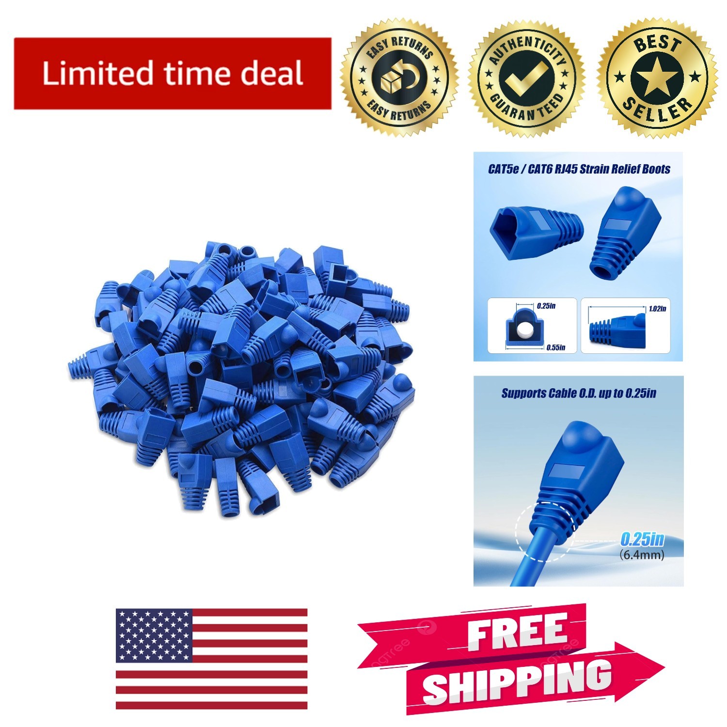 Strain Relief RJ45 Connector Boots, 100PCS Blue – Compatible with Cat5/Cat6