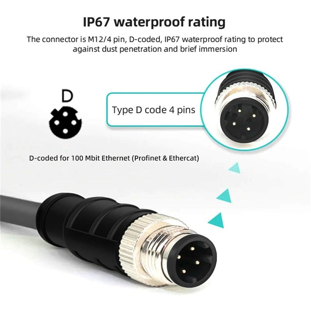 M12 4 Pin D Coded Male to RJ45 Male Cat5e Ethernet Cable 1M IP67 LAN Patch