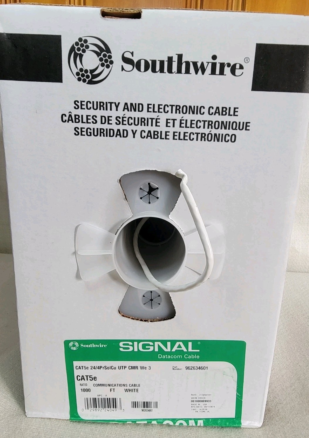 Southwire 1000 ft. White 24/4 Gauge/Pair CAT5e UTP CMR Data Cable 1000 ft. – NIB