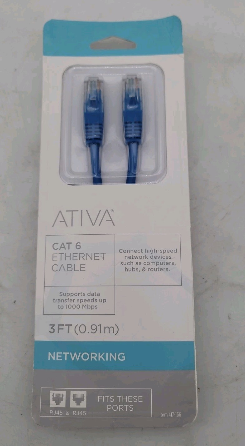 Ativa Cat 6 Ethernet Cable – Male RJ45 Plugs – 3 Feet (NIP)