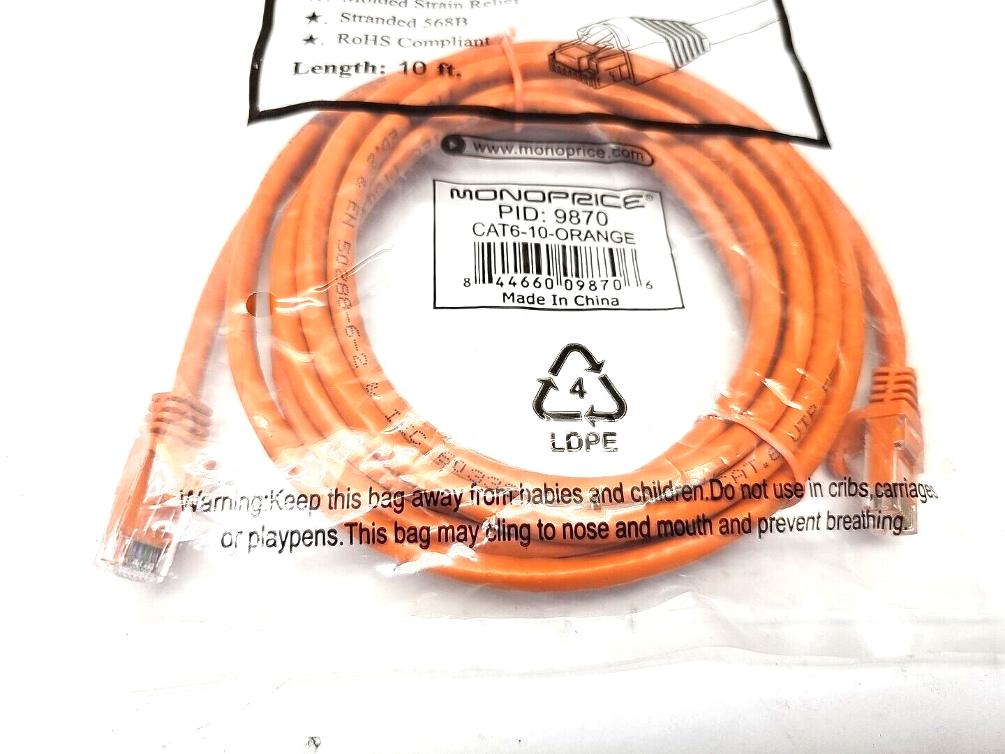 Lot of 8 MONOPRICE Patch Cord Orange, 9870, 10 ft EIA/TIA TSB-40A