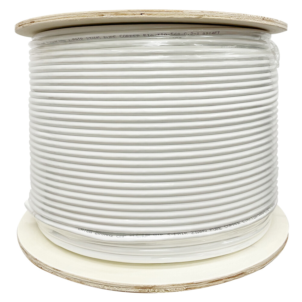 Cat6A Plenum CMP 1000ft 23AWG 100% Bare Copper 750 Mhz Ethernet Cable, UTP White