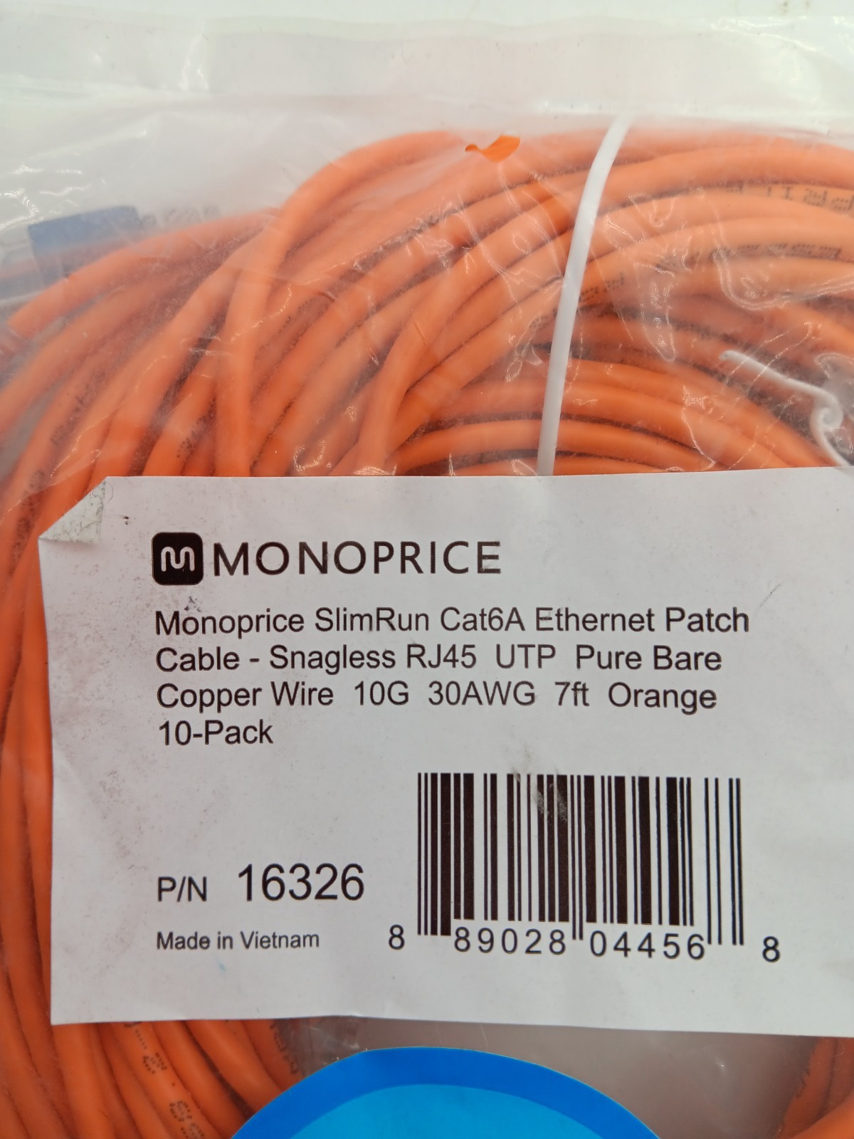 10 Pc. Monoprice 16326: SlimRun Cat6A Ethernet Patch Cable 7ft 30AWG 10G| BUNDLE