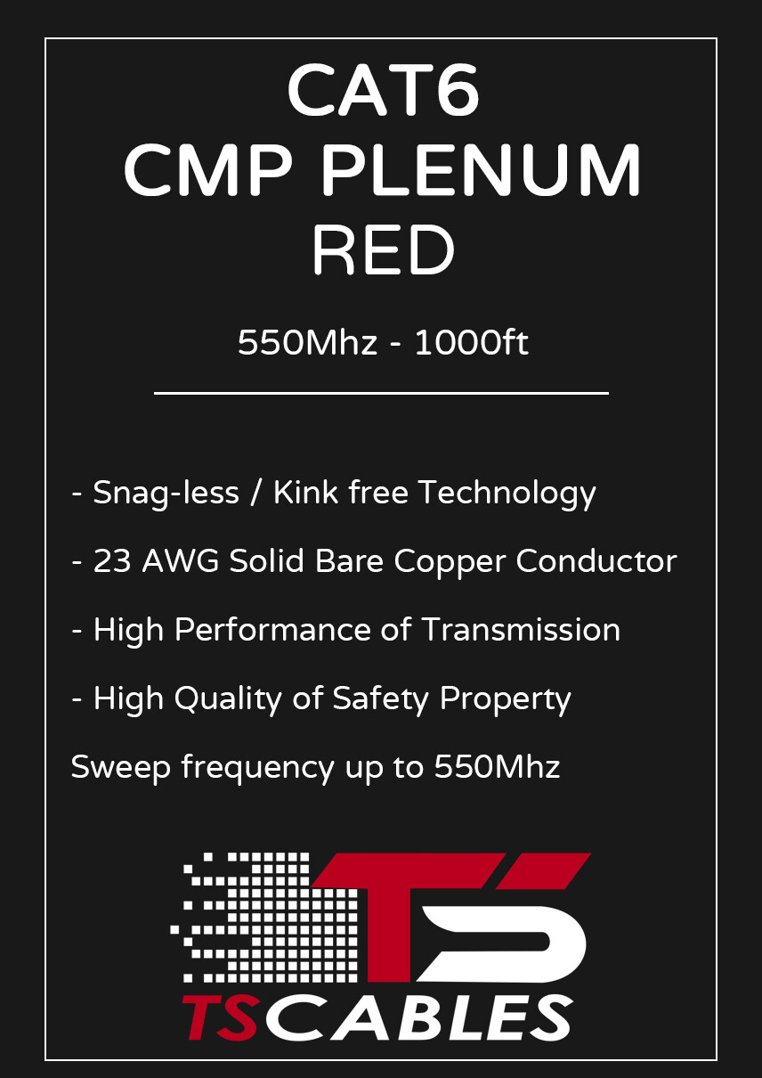 TSCables 550Mhz Cat6 Plenum 100% Solid Bare Copper UTP Ethernet Cable Red