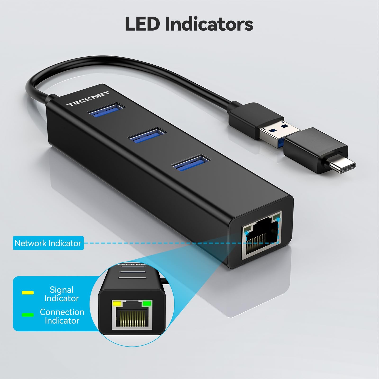 TECKNET USB C to Ethernet, Aluminum 3 Port 3.0 Hub with RJ45 Black