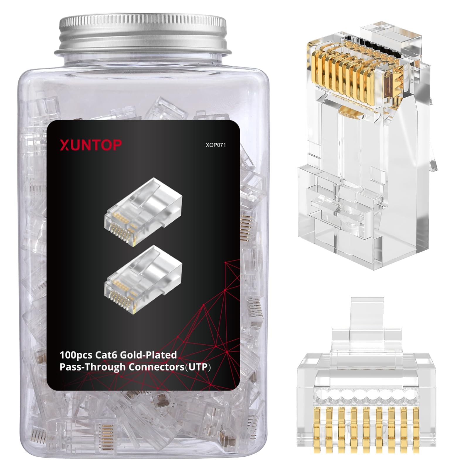 100-Pack RJ45 Connectors for Cat6 Cat5 Cat5e Gold-Plated RJ45 Pass Through