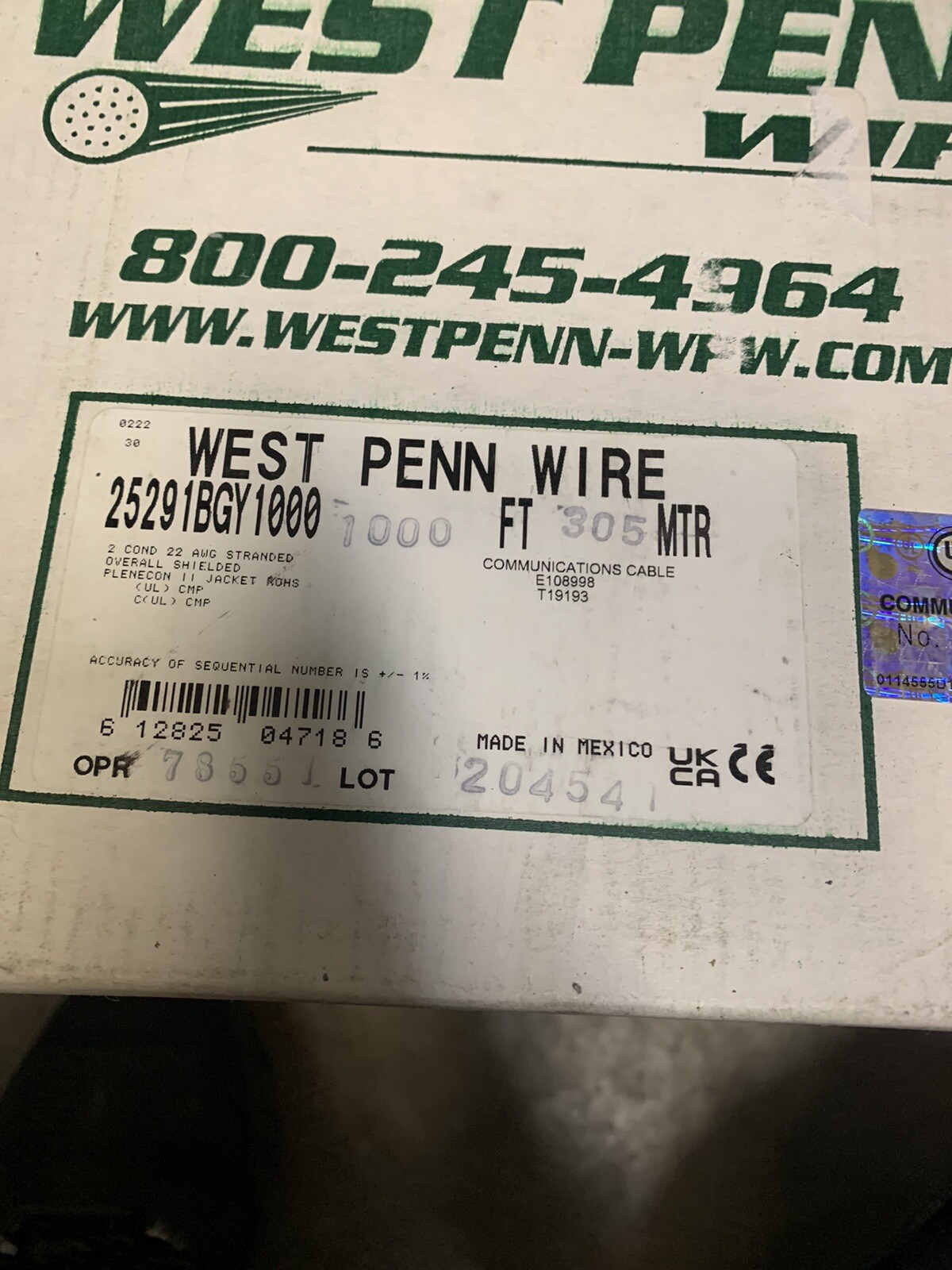 West Penn 25291BGY1000 1 Pair 22 AWG Stranded overall shielded plenum