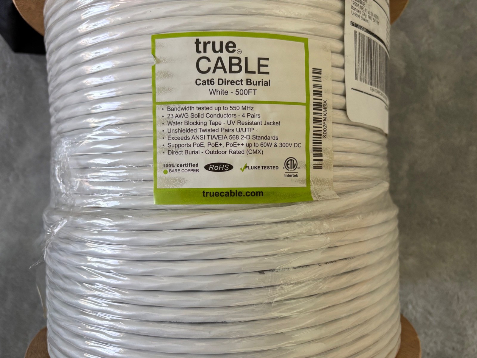 True Cable Cat6 Ethernet U/UTP Unshielded Outdoor Rated Direct Burial 500FT Reel