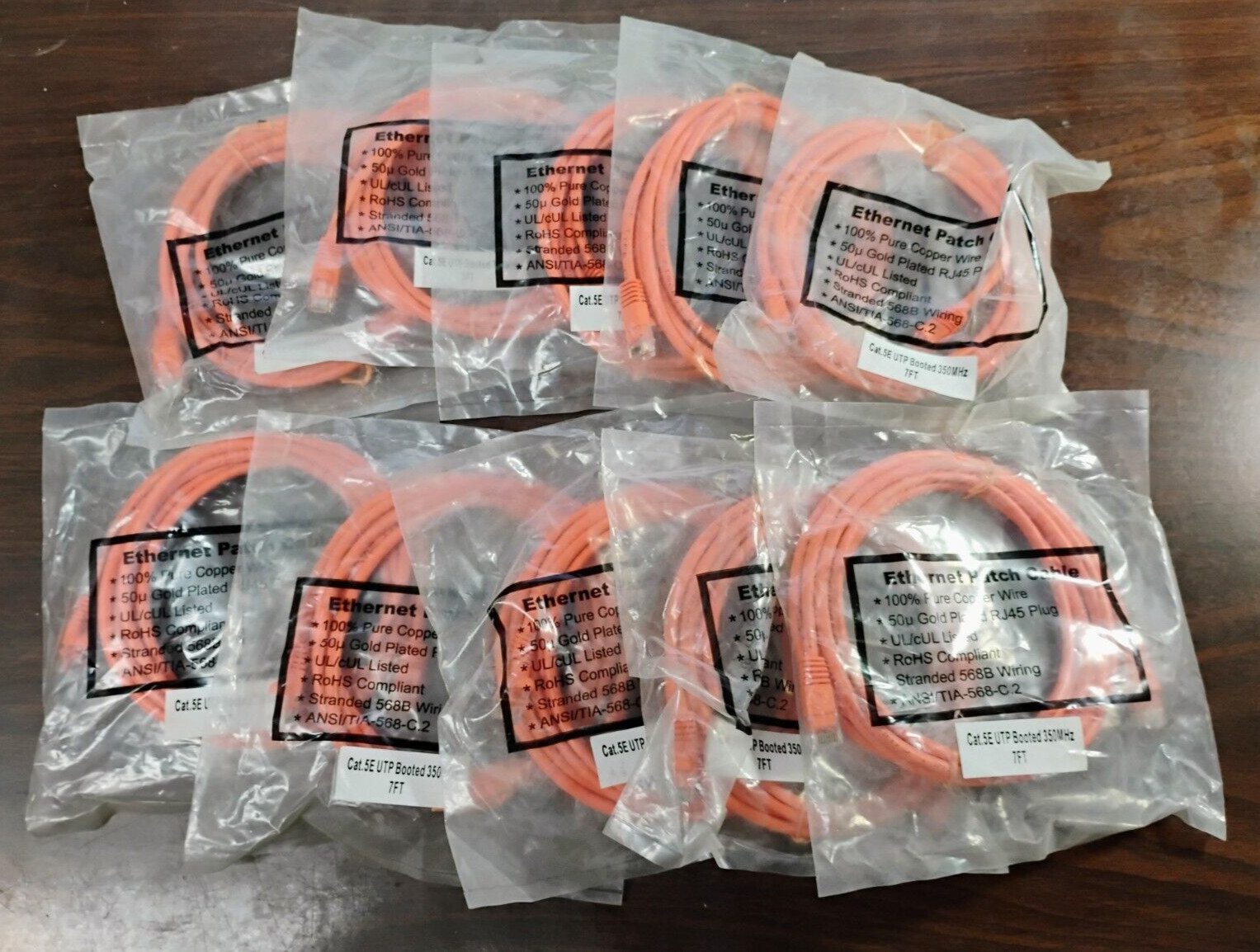 ETHERNET PATCH CABLE *LOT of 10* 7FT COPPER WIRE GOLD-PLATED RJ45 PLUG NEW