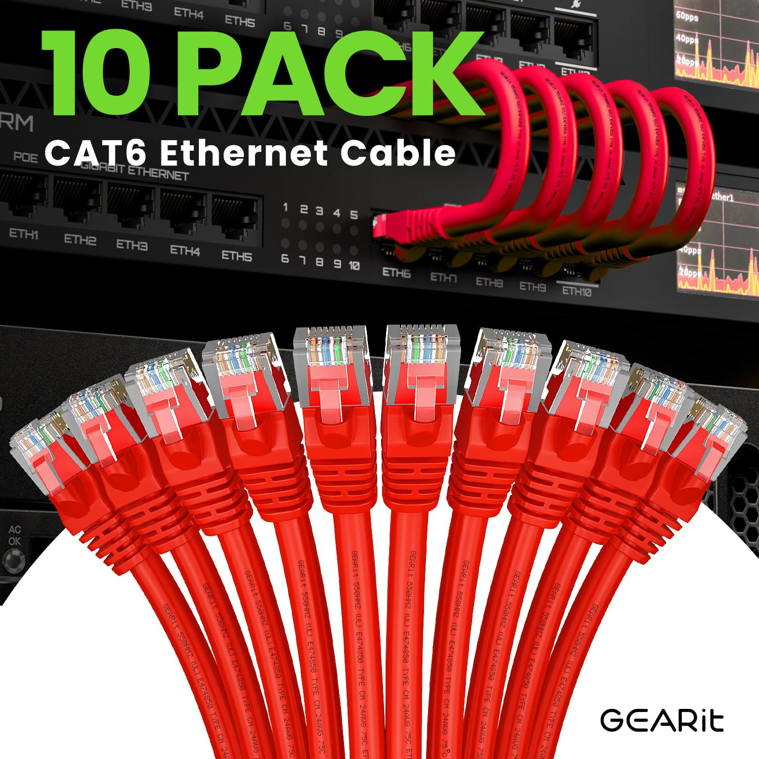 Cat 6 Ethernet Cable (10-Pack 6 Feet) Cat6 Network Patch, 10Gbps, RJ45, Snagless
