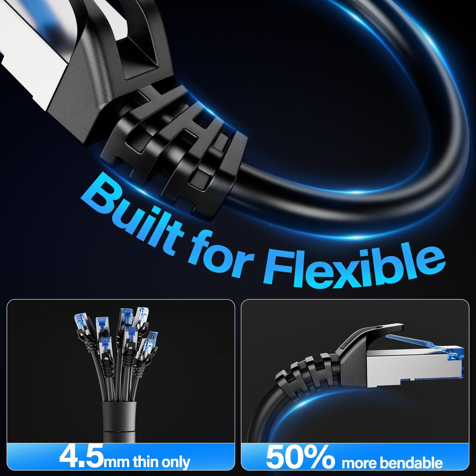 Cat6A Ethernet Cable Shielded 10Gbps 75ft Slim F/UTP 28AWG Bare Copper Black