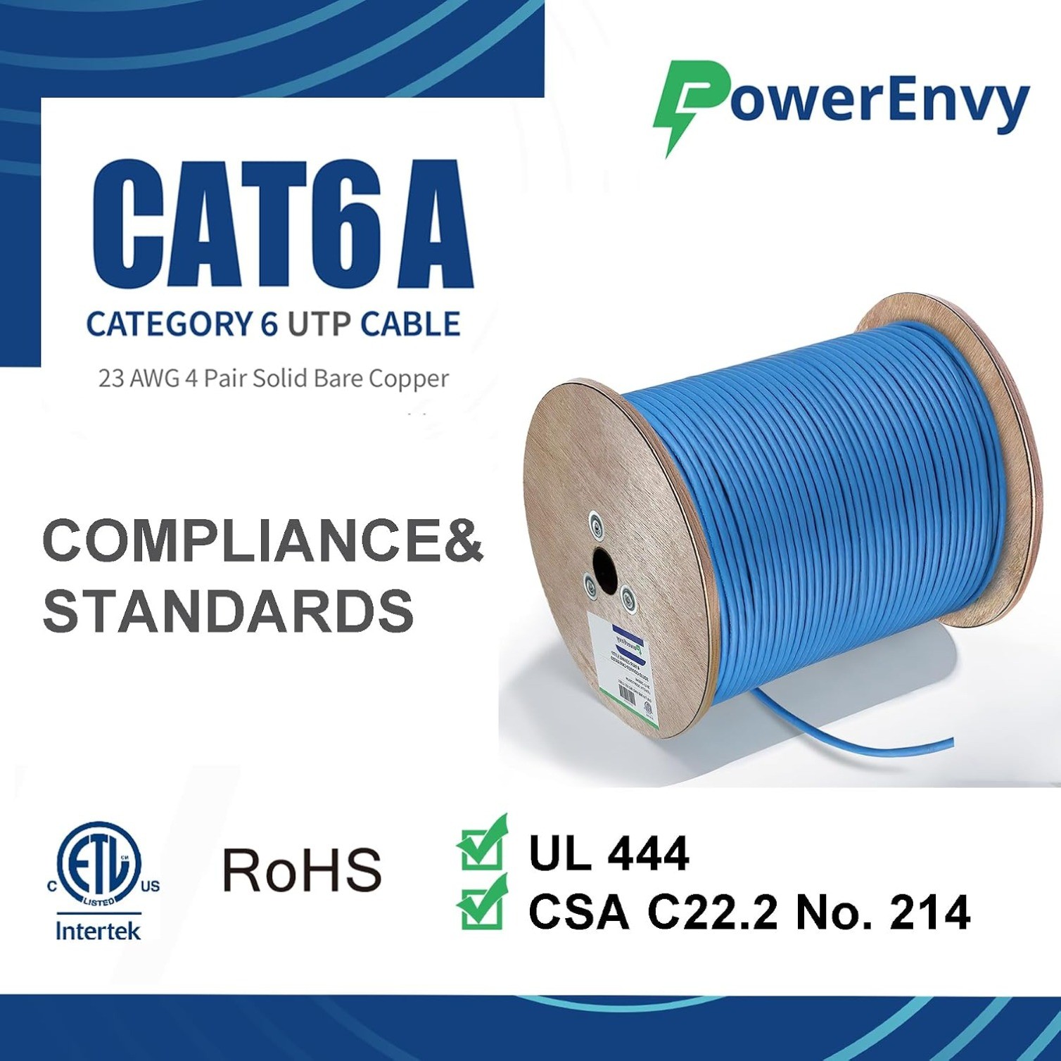 Cat6a UTP Ethernet Cable – 600Mhz, 10Gbps Max, 1000Ft, 23 AWG Solid Bare Copper