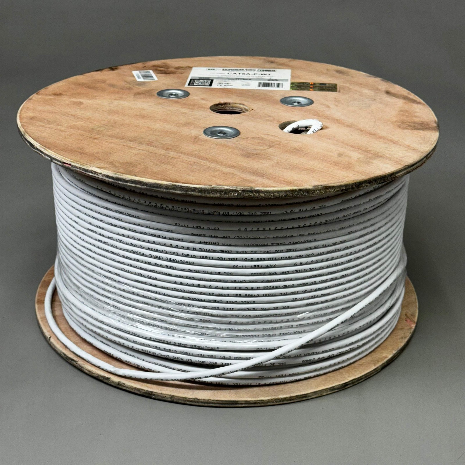 SCP CAT6A Plenum Enhanced 600 MHz 23 AWG Packaging Spool 1000ft White CAT6A-P-WT