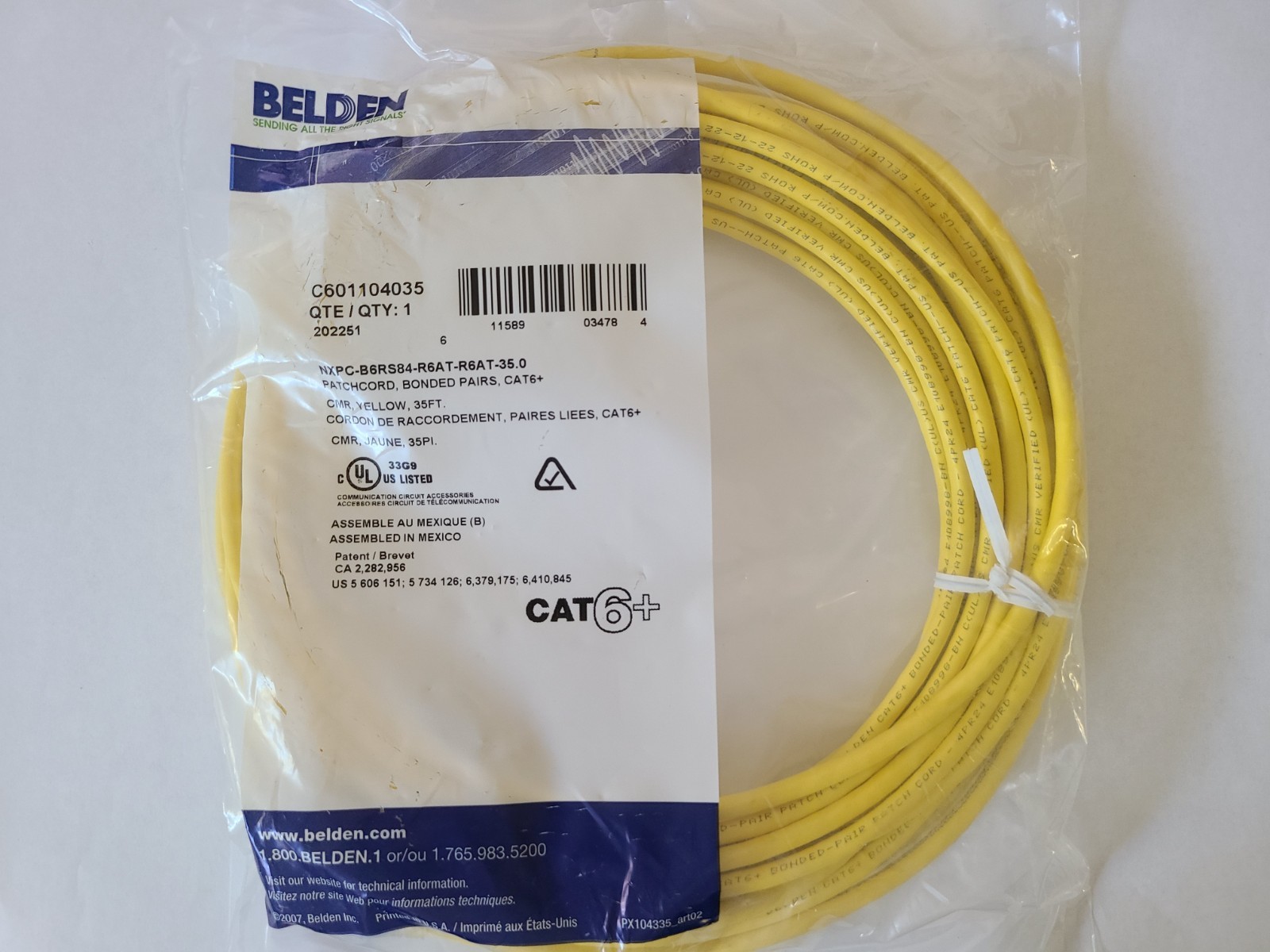 Belden Cat6 Ethernet Patch Cable – 35ft – Yellow