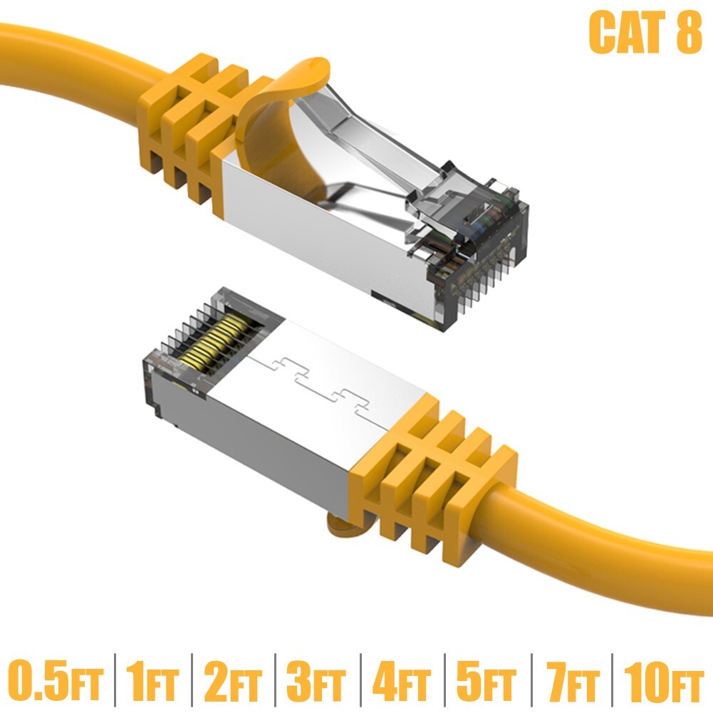0.5-10FT Cat8 RJ45 Network LAN Ethernet SFTP Shield Cable 2GHz 40G 26AWG Yellow