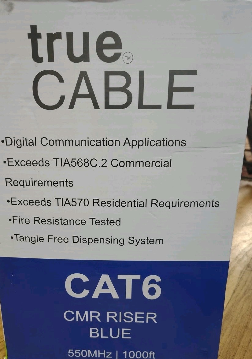 TRUE CABLE Cat6 Riser (CMR), 1000ft, Blue, 23AWG 4 Pair Solid Bare Copper, 550MH