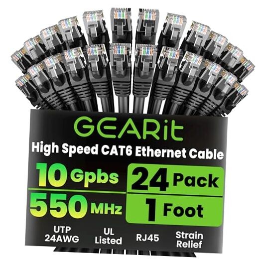 Cat 6 Ethernet Patch Cables 1 ft Black (24 Pack) – 24-Pack