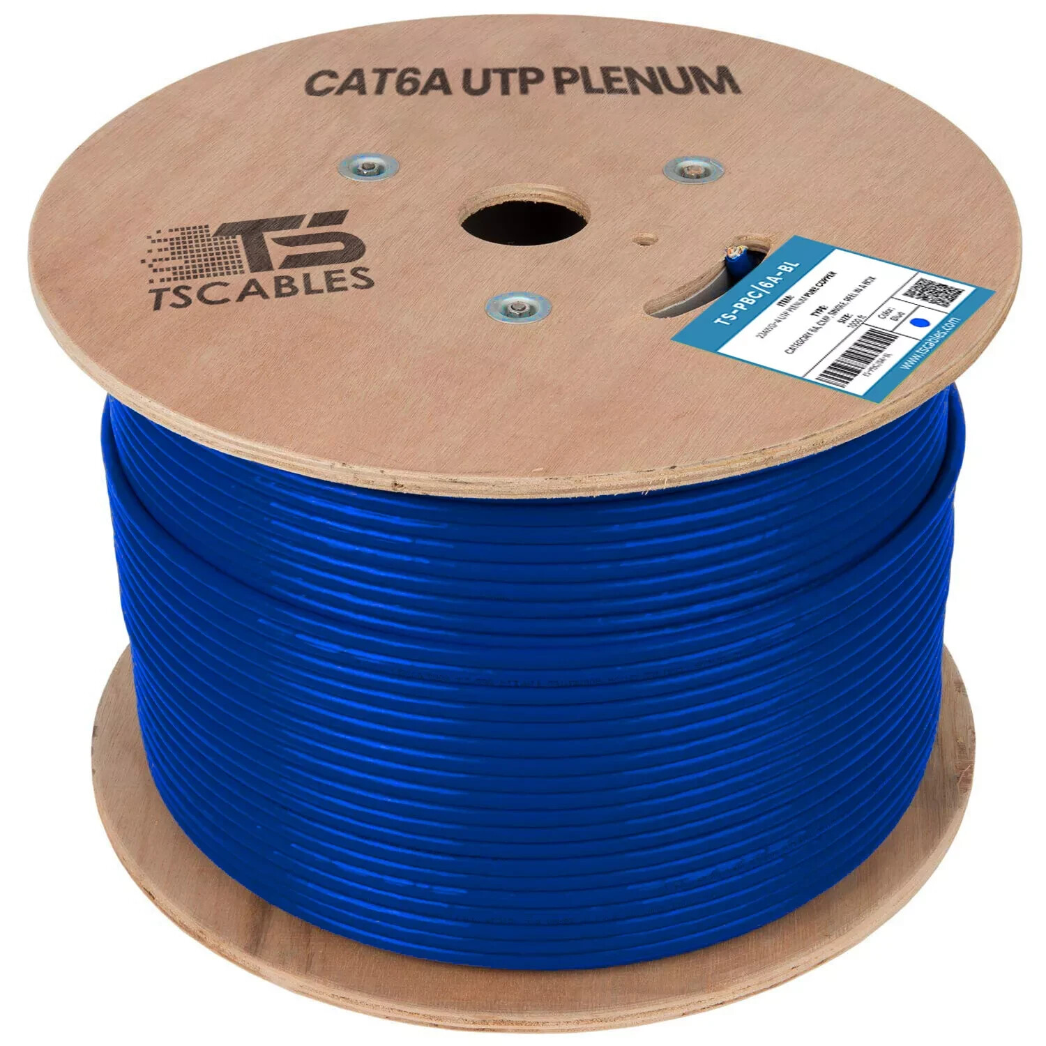 TS Cables Cat6a Plenum Solid Bare Copper 750 Mhz UTP 1000ft Ethernet Cable Blue