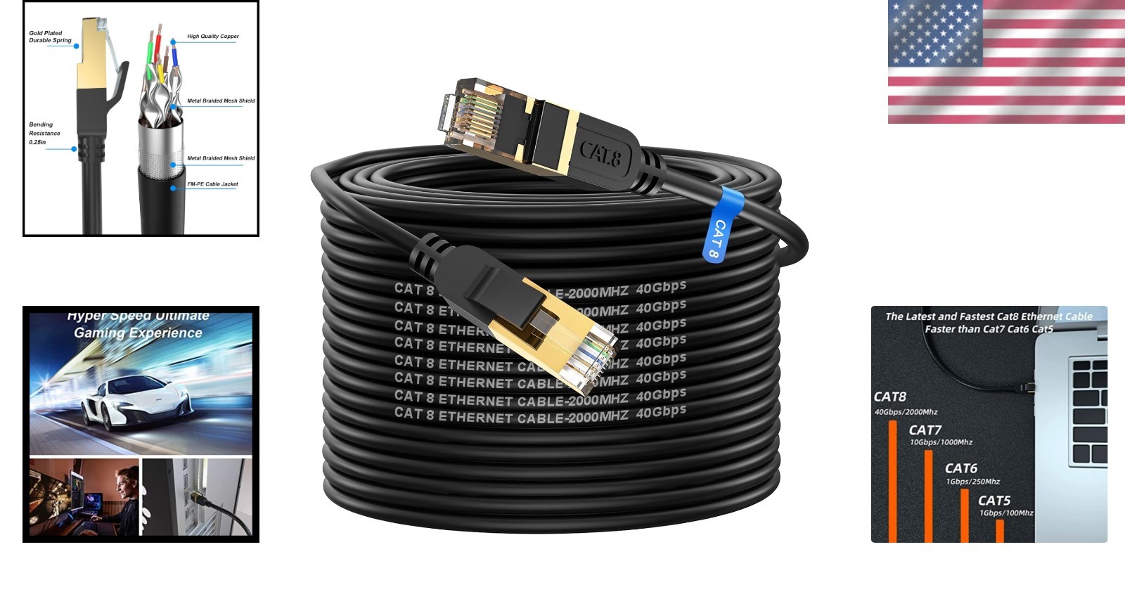 100FT Cat 8 LAN Cable – High Speed 40Gbps, UV Resistant for Outdoor & Indoor Use