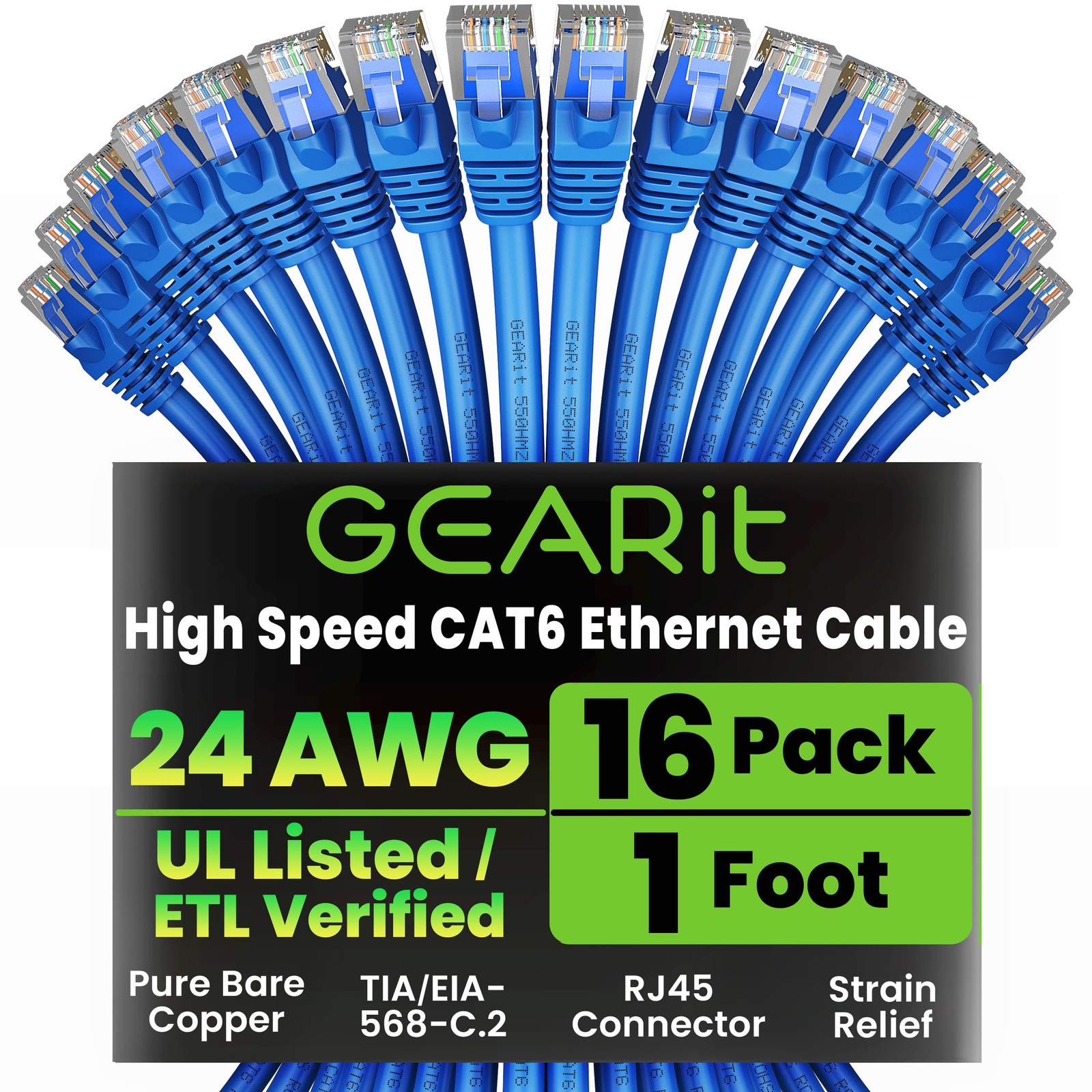 16 PCS Cat 6 Ethernet Cable 1 FT Patch RJ45 10 Gbps Gold-Plated Snagless Blue
