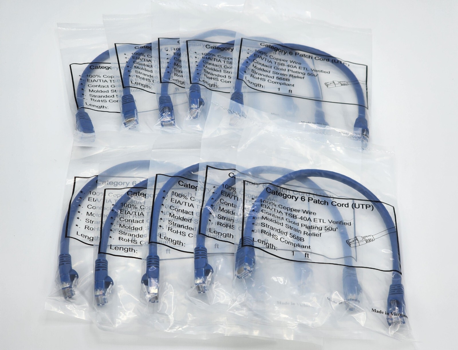 1ft Cat6 UTP Ethernet Patch Cable molded boots Pure Copper Blue Lot of 1, 5, 10
