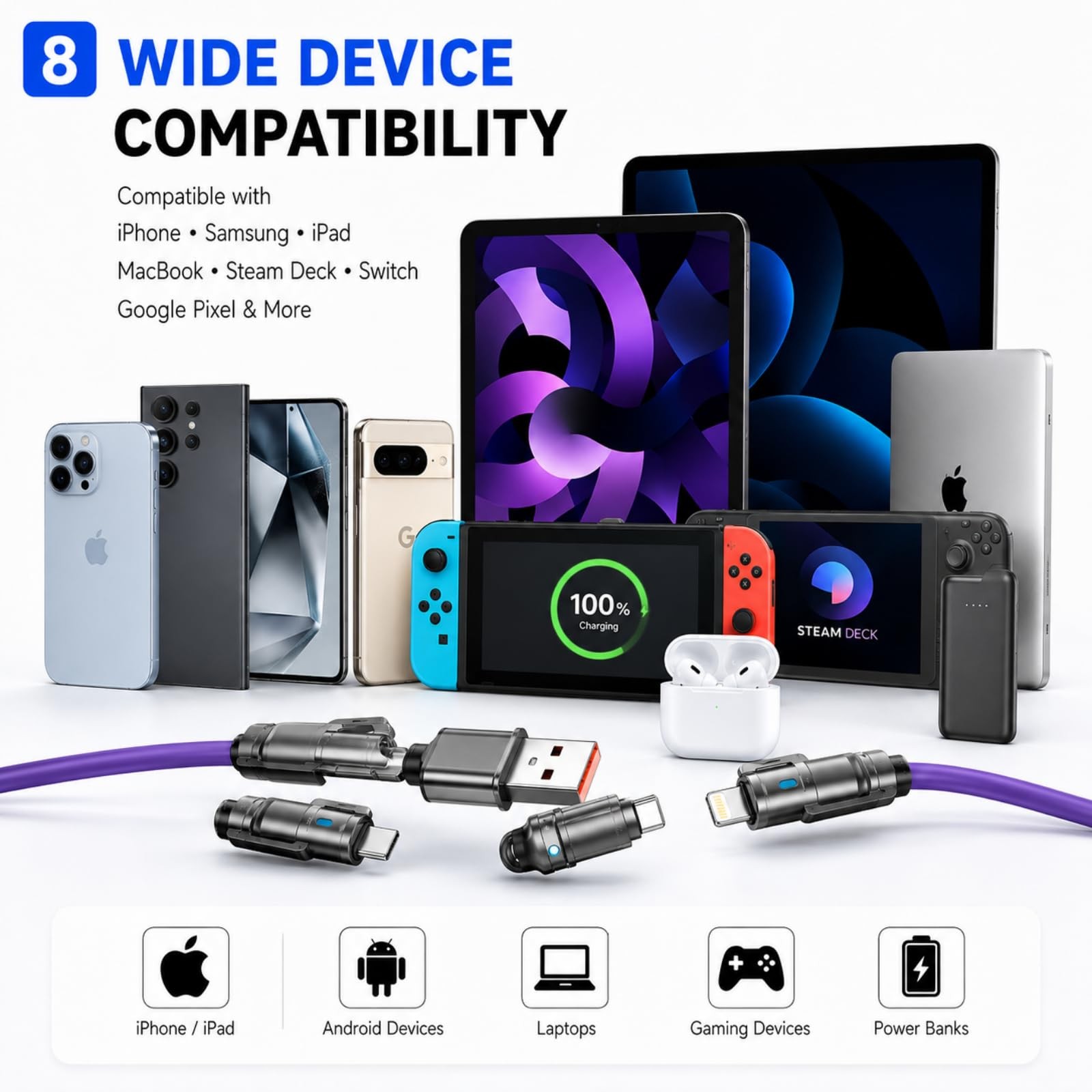 240W 4 in 1 USB Charging Cable Multi Fast Charge Compatible Universal Grey