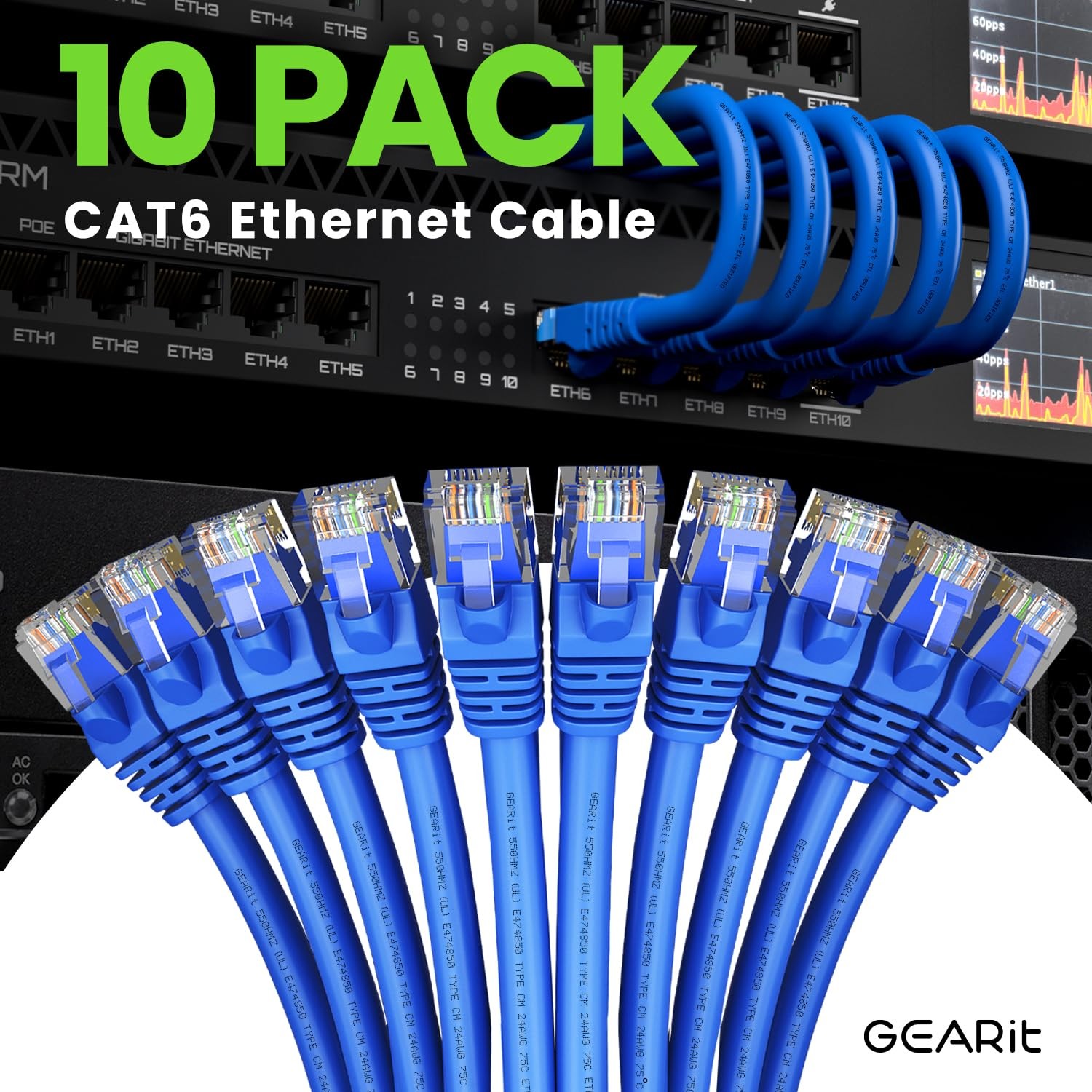 10-Pack 1 Foot Blue Cat 6 Ethernet Cable 10Gbps RJ45 Snagless Patch Cord