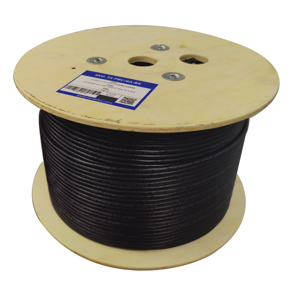 Cat6A Plenum (CMP) 1000ft, 23AWG 100% Bare Copper Ethernet Cable, UTP Black