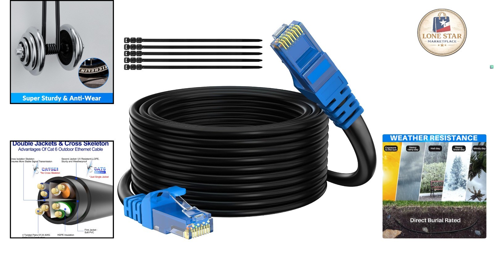 Cat 6 Outdoor Ethernet Cable 100ft – Weatherproof & Heavy Duty for POE Cameras