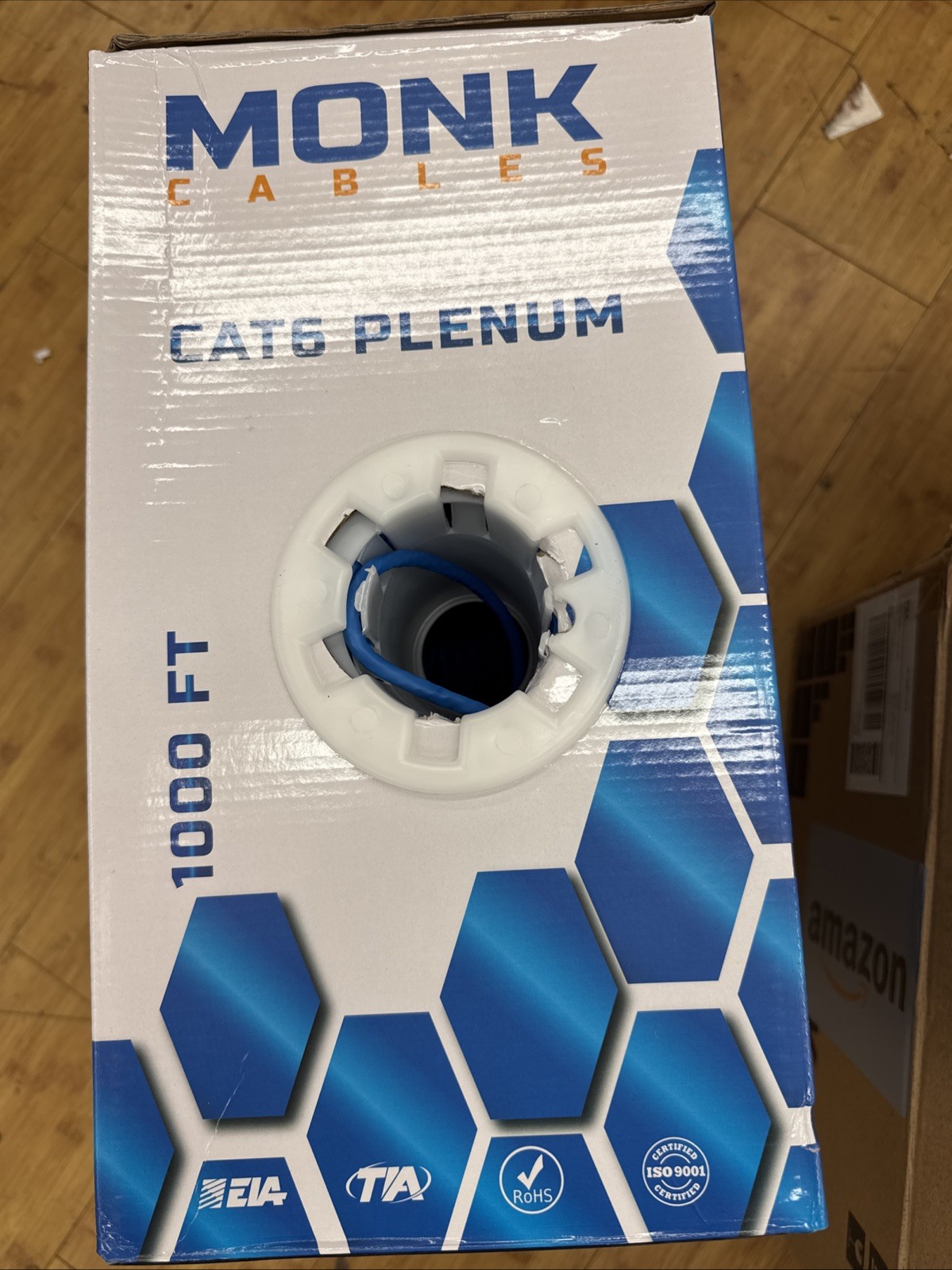 Monk Cables Cat6 Plenum CMP Rated Jacket 1000ft UTP 550MHz 23AWG Ethernet Blue