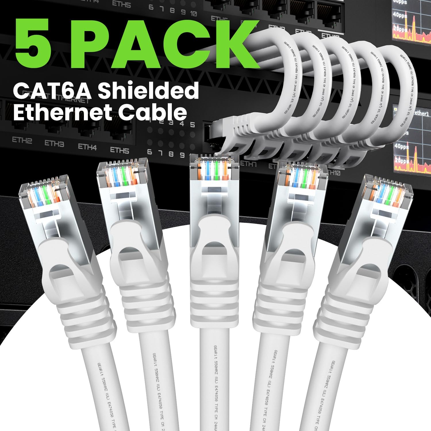 Cat6A Ethernet Cable 10Gbps Snagless Shielded SSTP 26AWG 1 Ft White 5 PCS
