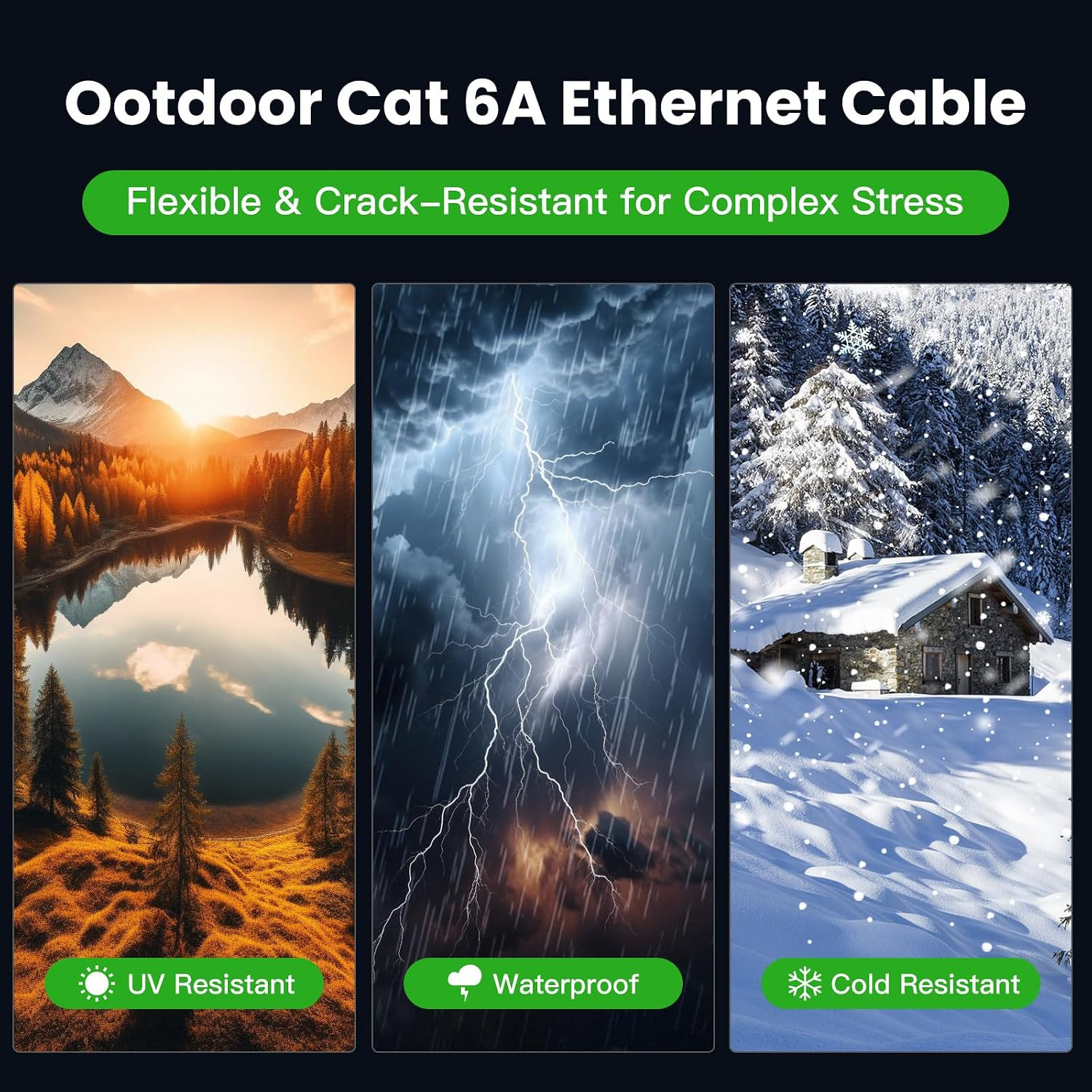 CAT6A Ethernet Cable 100 Ft, Outdoor & Indoor 23AWG 10Gbps High Speed, Weatherpr