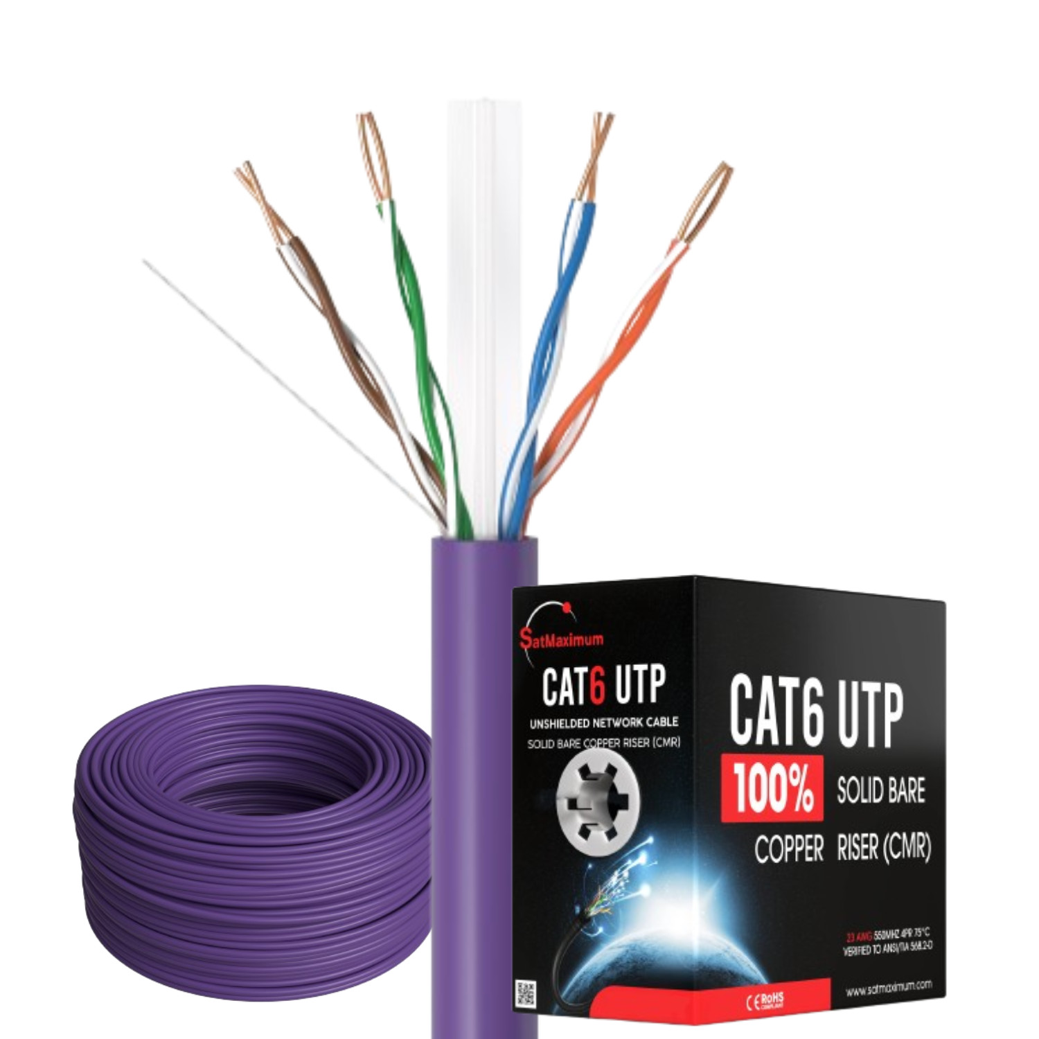 CAT6 500ft Purple ETL CMR 23 AWG Solid Copper Ethernet Network Cable