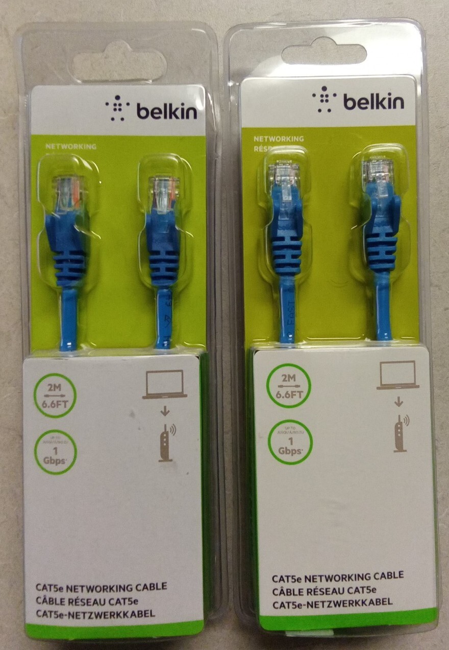 2 Belkin Cat5e Networking Cable 2M 6.6ft Blue Ethernet Cable 1 Gbps