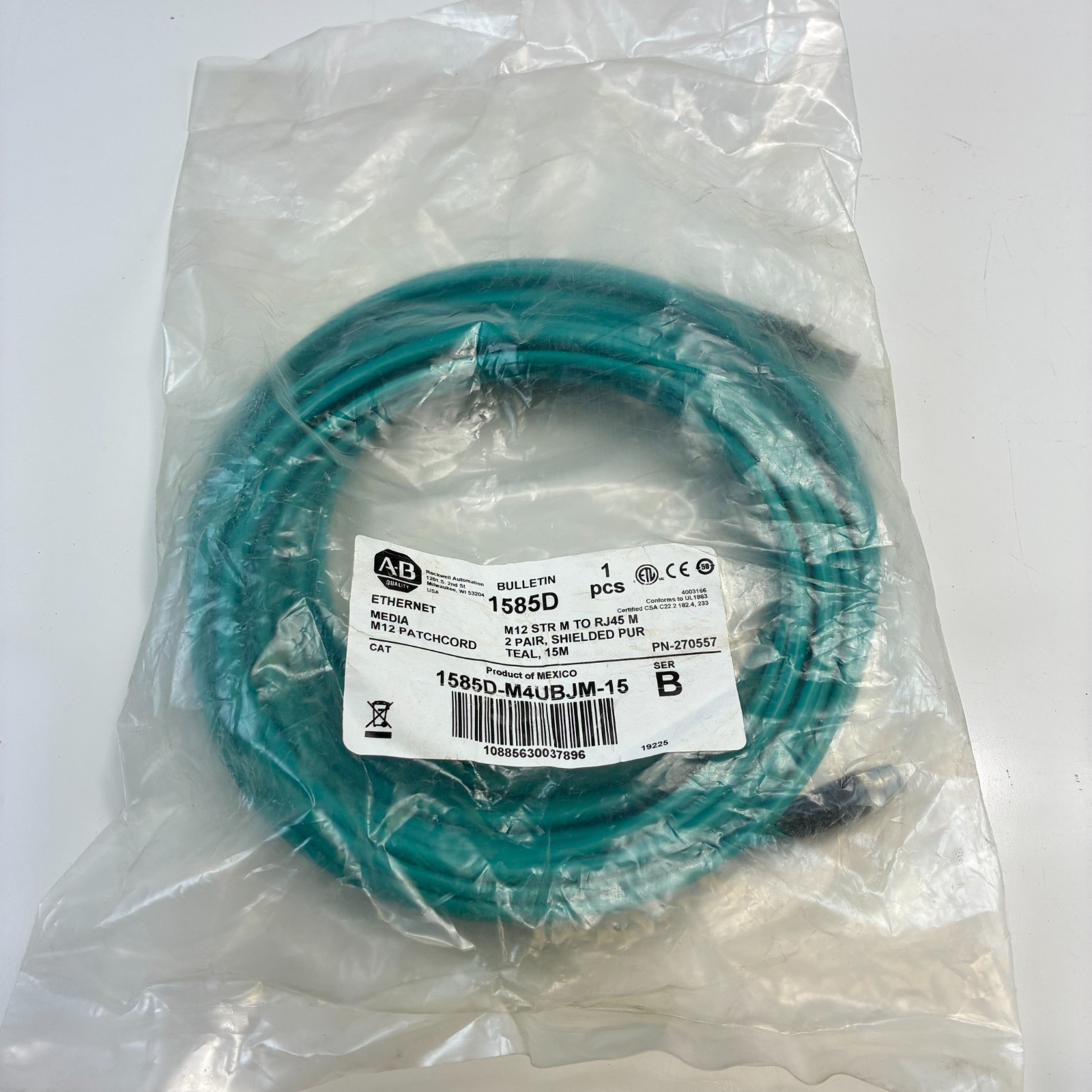 ALLEN BRADLEY 1585D-M4UBJM-15 Ethernet Patchcord M12 Male to RJ45 Male
