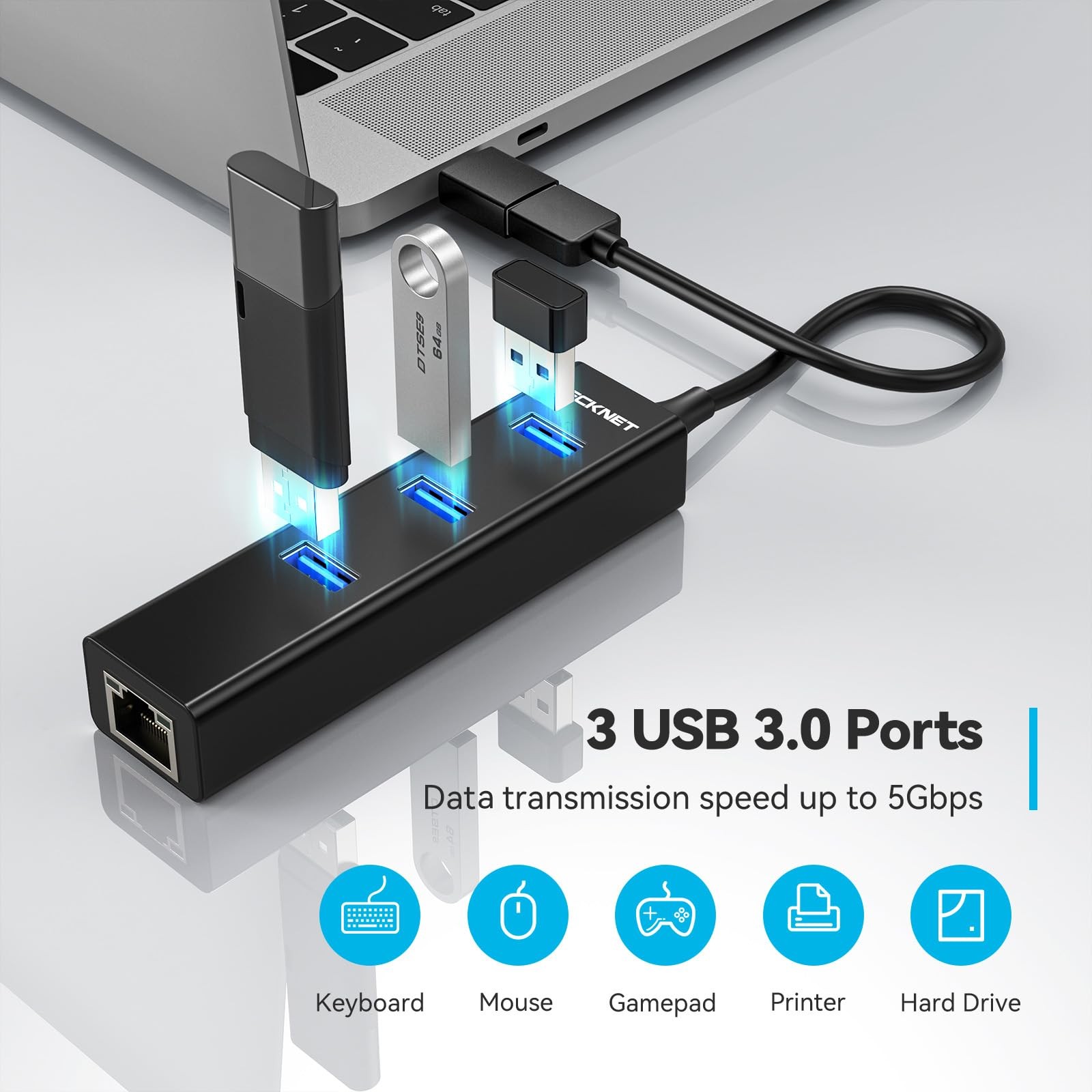 TECKNET USB C to Ethernet, Aluminum 3 Port 3.0 Hub with RJ45 Black
