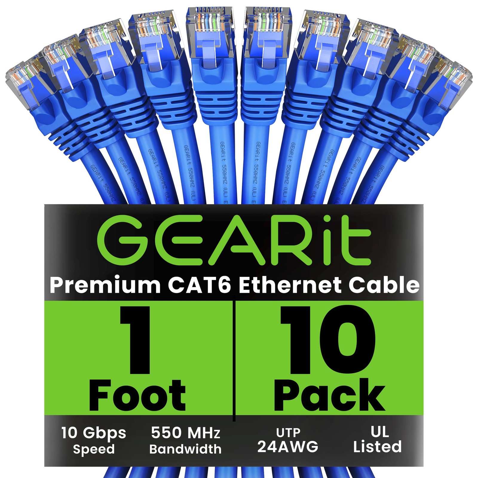 10-Pack 1 Foot Blue Cat 6 Ethernet Cable 10Gbps RJ45 Snagless Patch Cord