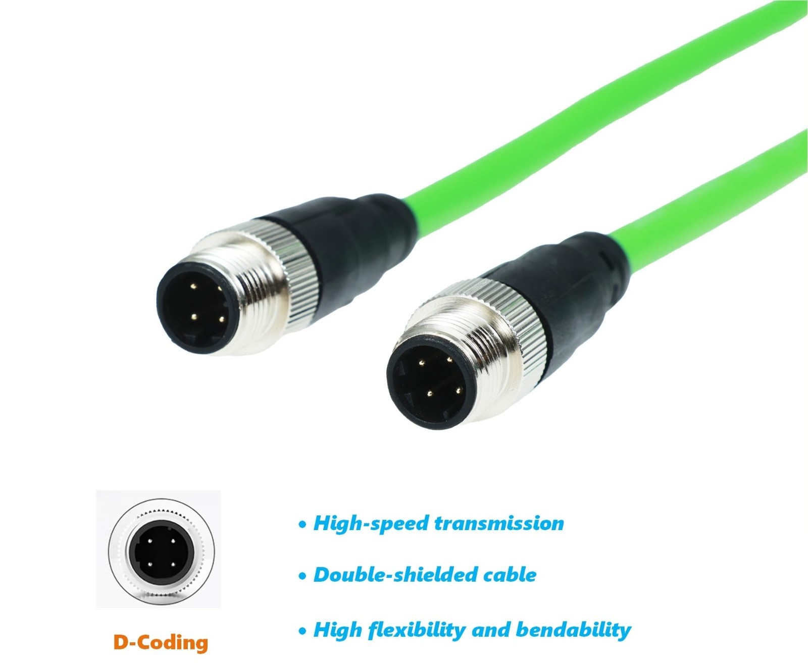 4-Pin D-Code Male to Male Ethernet Cable, Green PVC Profinet for Sensors, Camera
